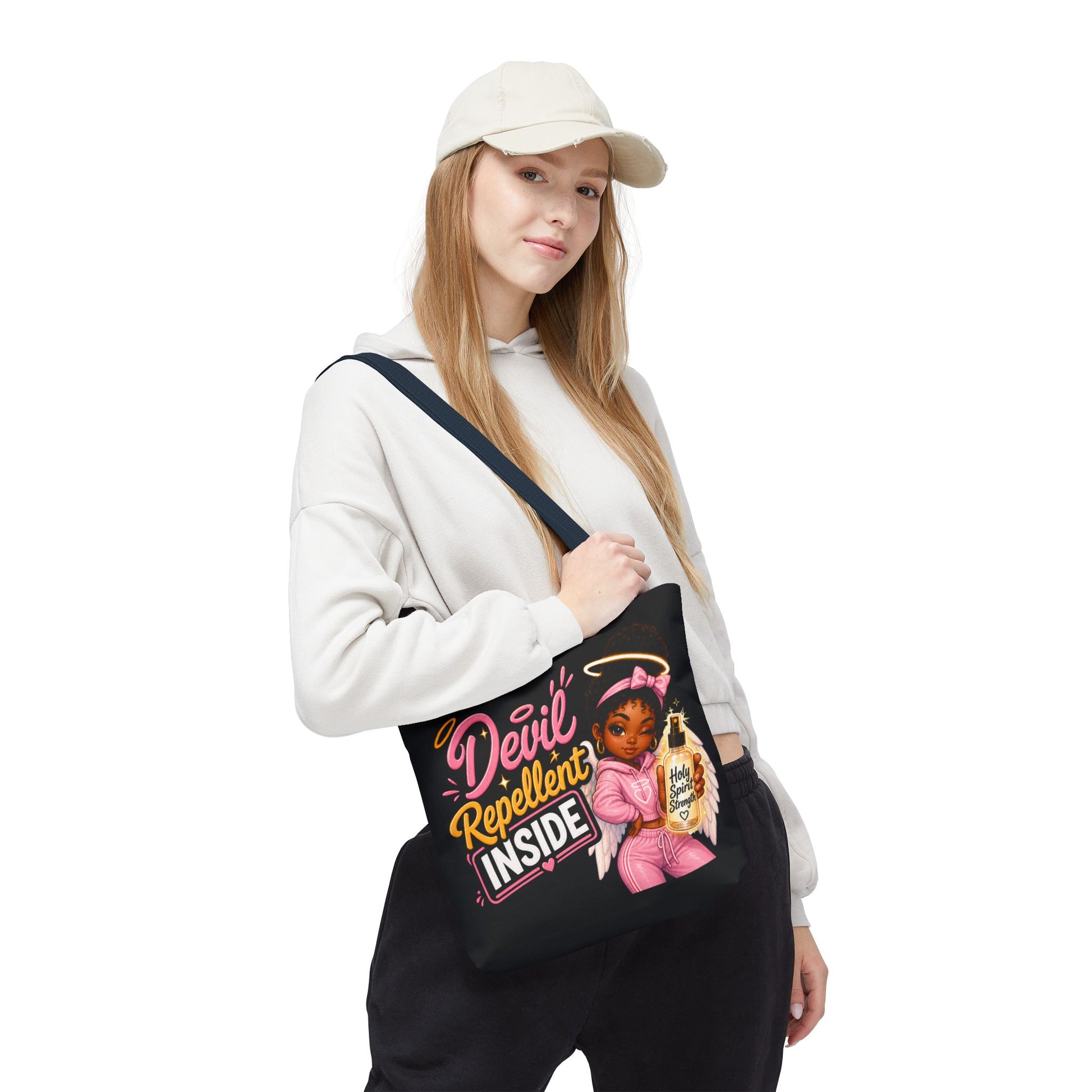 Tote Bag - "Devil Repellent Inside" Angel Girl Graphic Tote | Cute Protective Faith Gift - ClaimedbyGodDesigns