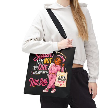 Tote Bag — "Satan I Am Not The One" Retro Angel Girl Tote (Heaven Approved Content) - ClaimedbyGodDesigns