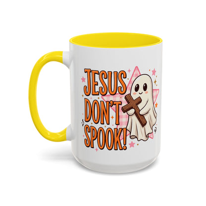 Accent Coffee Mug — "Jesus Don't Spook!" Cute Ghost Christian Coffee Mug (11/15oz)
