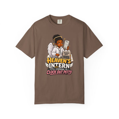 Heaven's Intern T-shirt – Funny Angel Nurse Tee ('Still Learning to Clock Out Petty') - ClaimedbyGodDesigns