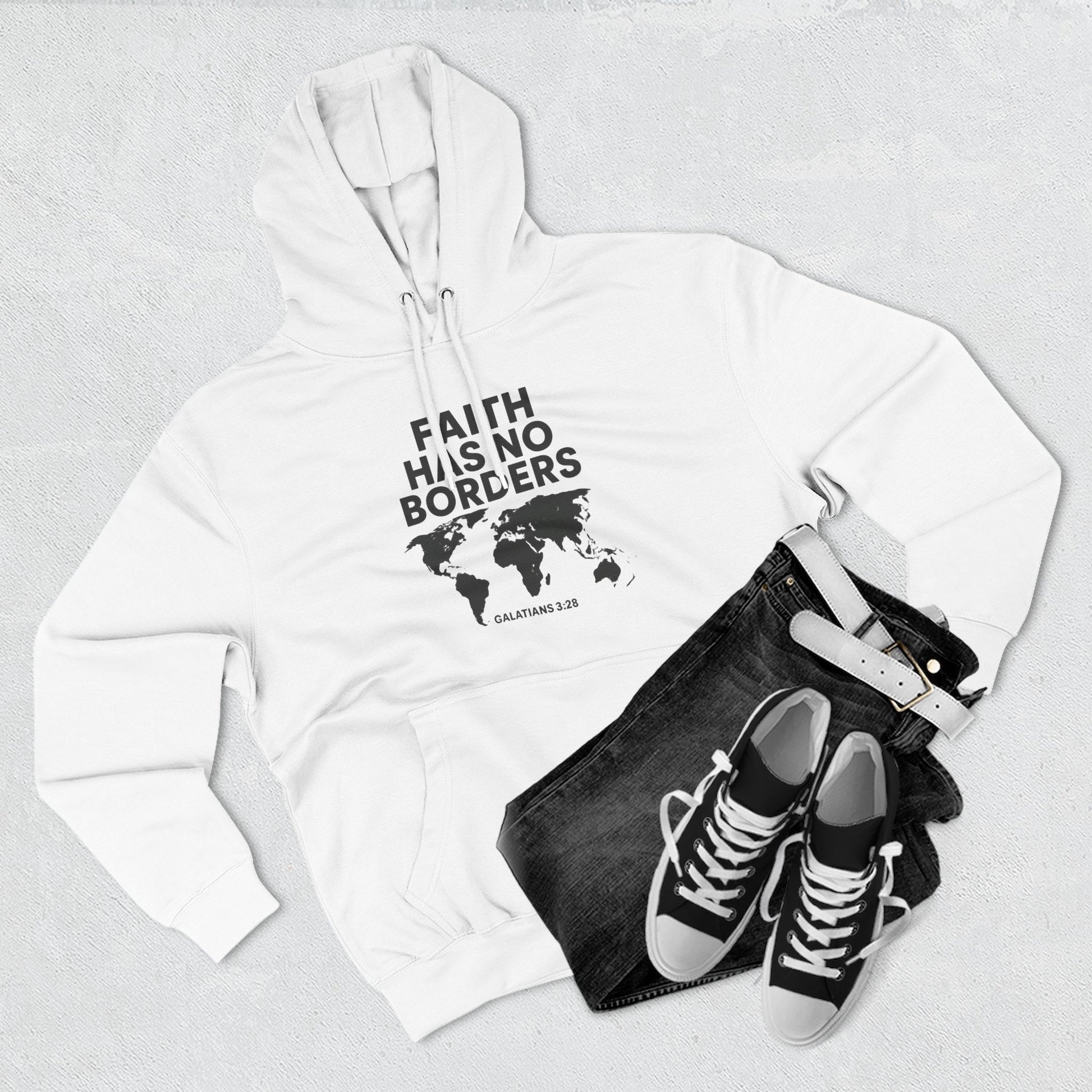 Faith Has No Borders Hoodie, Inspirational Fleece Hoodie for Travel Lovers, Religious Gift, Faith Apparel, Galatians 3:28 - ClaimedbyGodDesigns