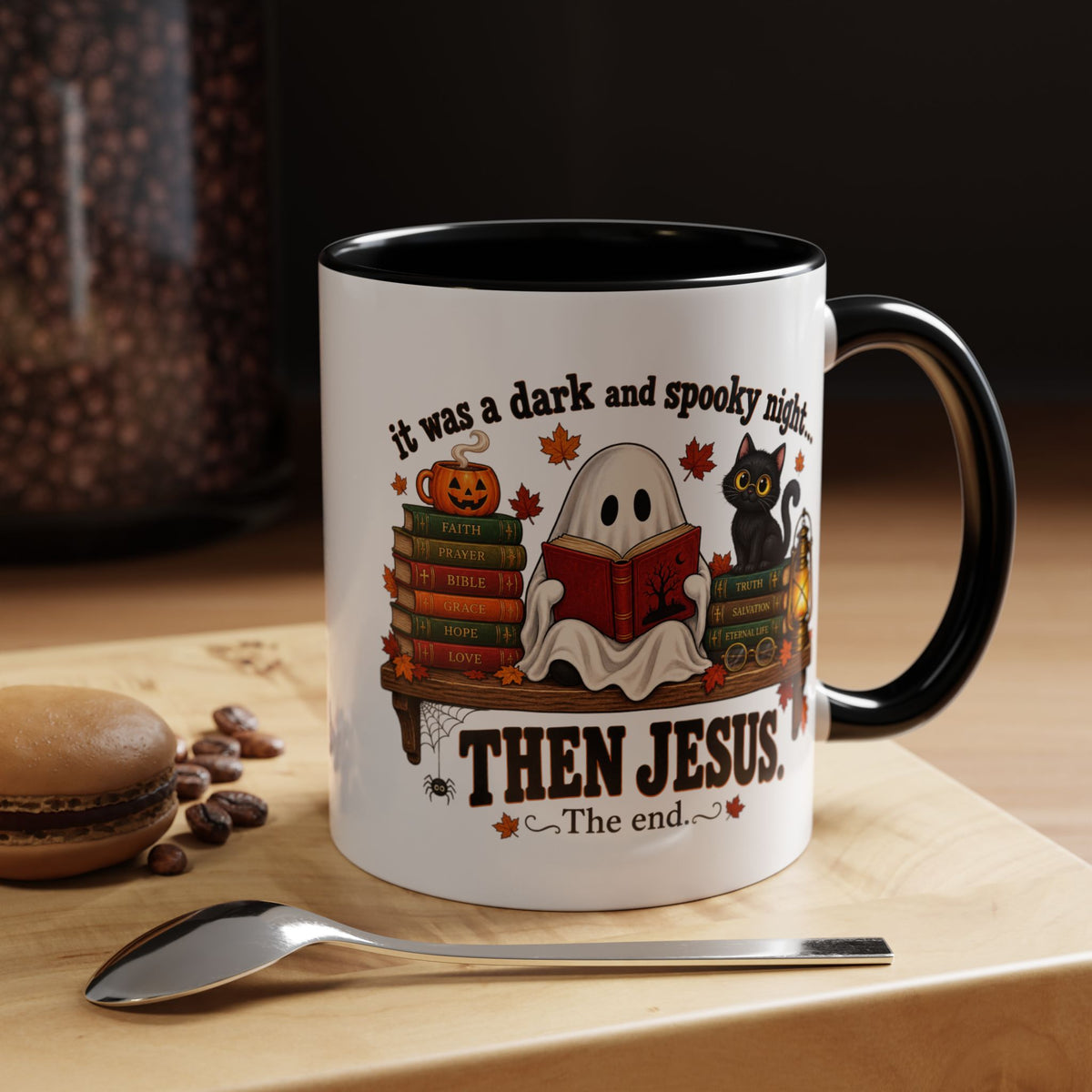 Halloween Christian Coffee Mug — “It Was a Dark and Spooky Night… Then Jesus” Accent Mug