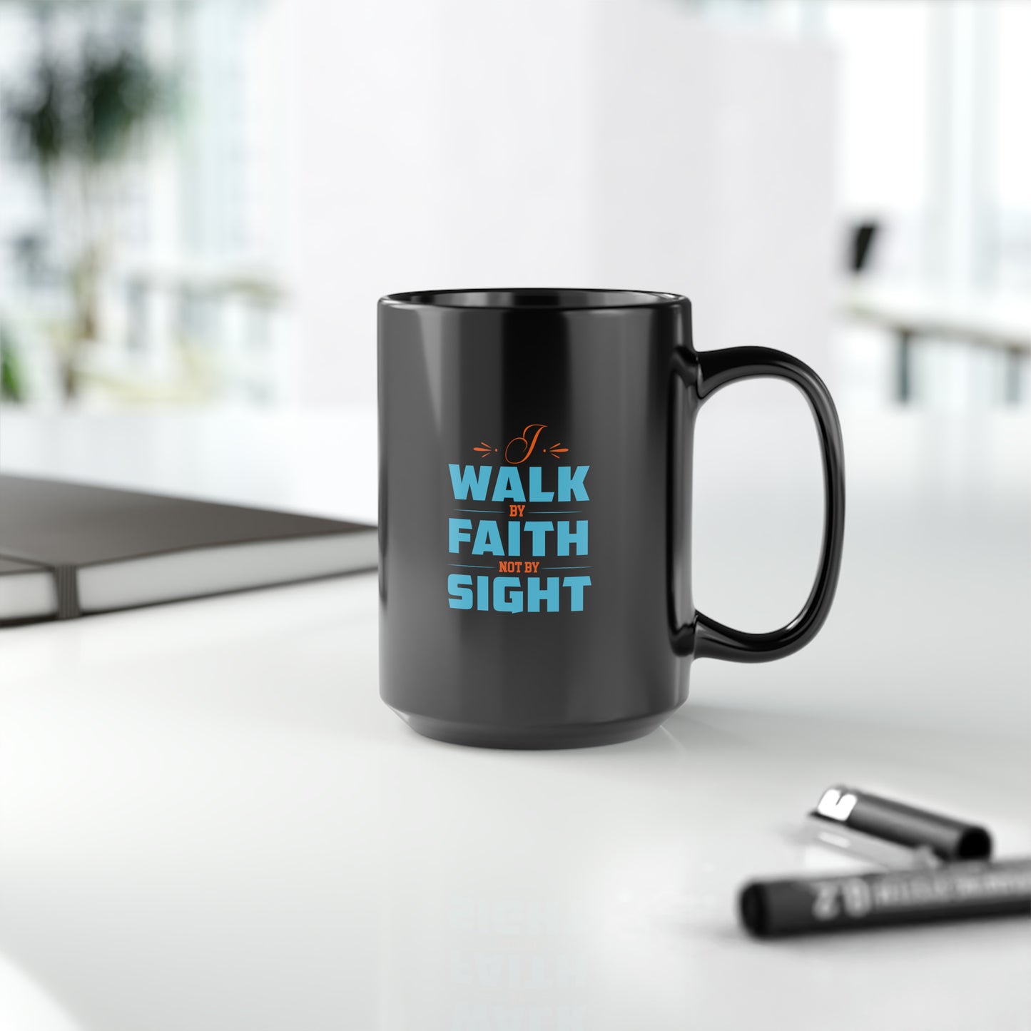 I Walk By Faith & Not By Sight Christian Black Ceramic Mug, 15oz (double sided print) Printify
