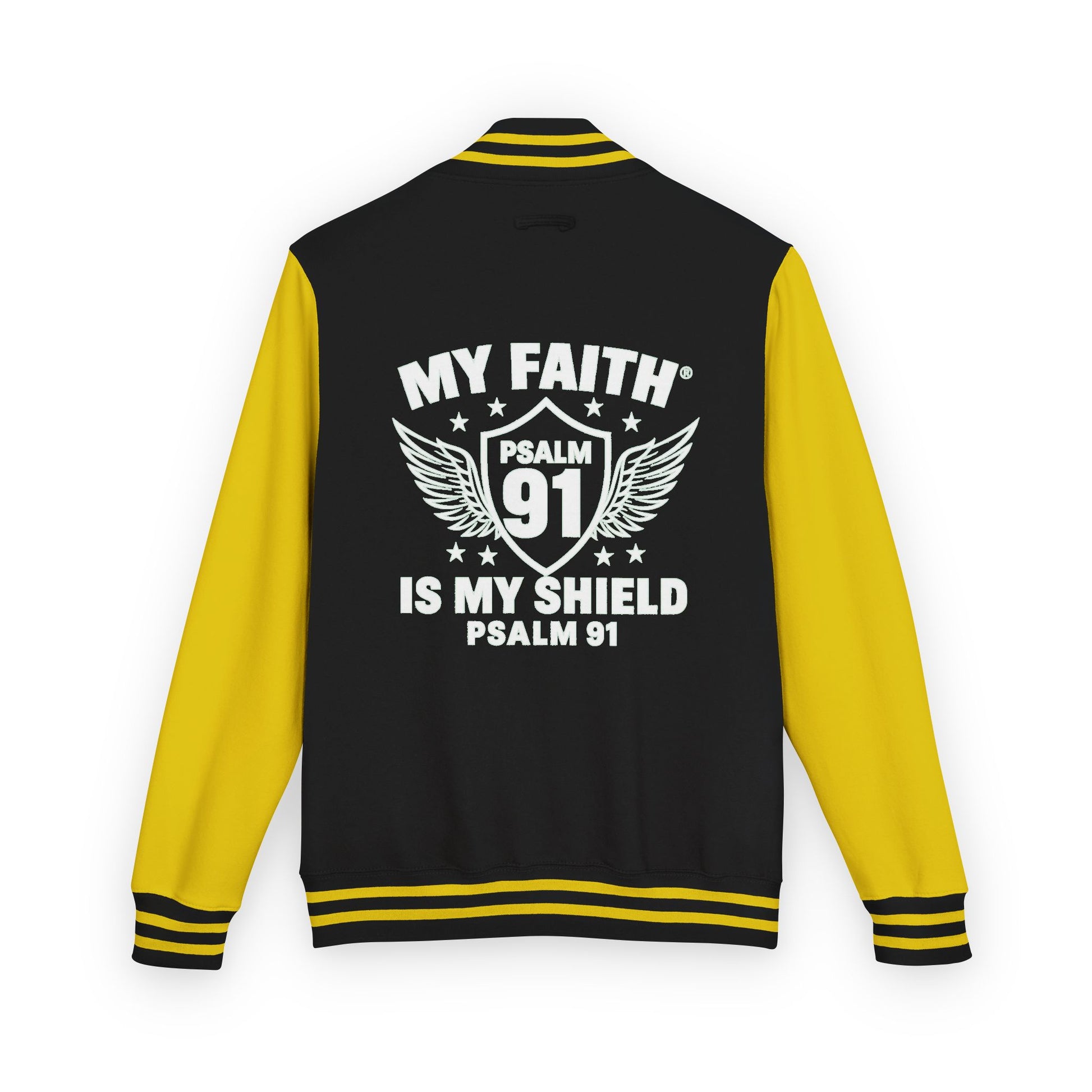 Letterman Jacket — “My Faith Is My Shield” 91 Vintage Varsity Jacket - ClaimedbyGodDesigns