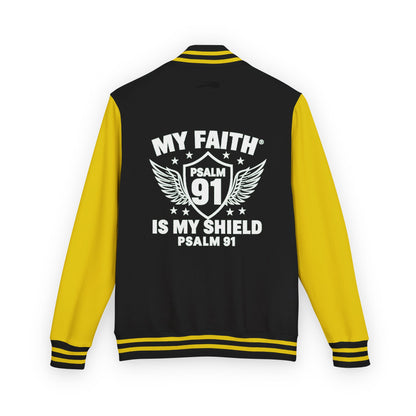 Letterman Jacket — “My Faith Is My Shield” 91 Vintage Varsity Jacket - ClaimedbyGodDesigns