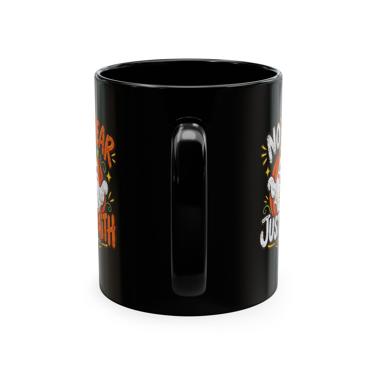 Halloween Ghost Christian Ceramic Mug — "No Fear, Just Faith" Pumpkin Coffee Cup