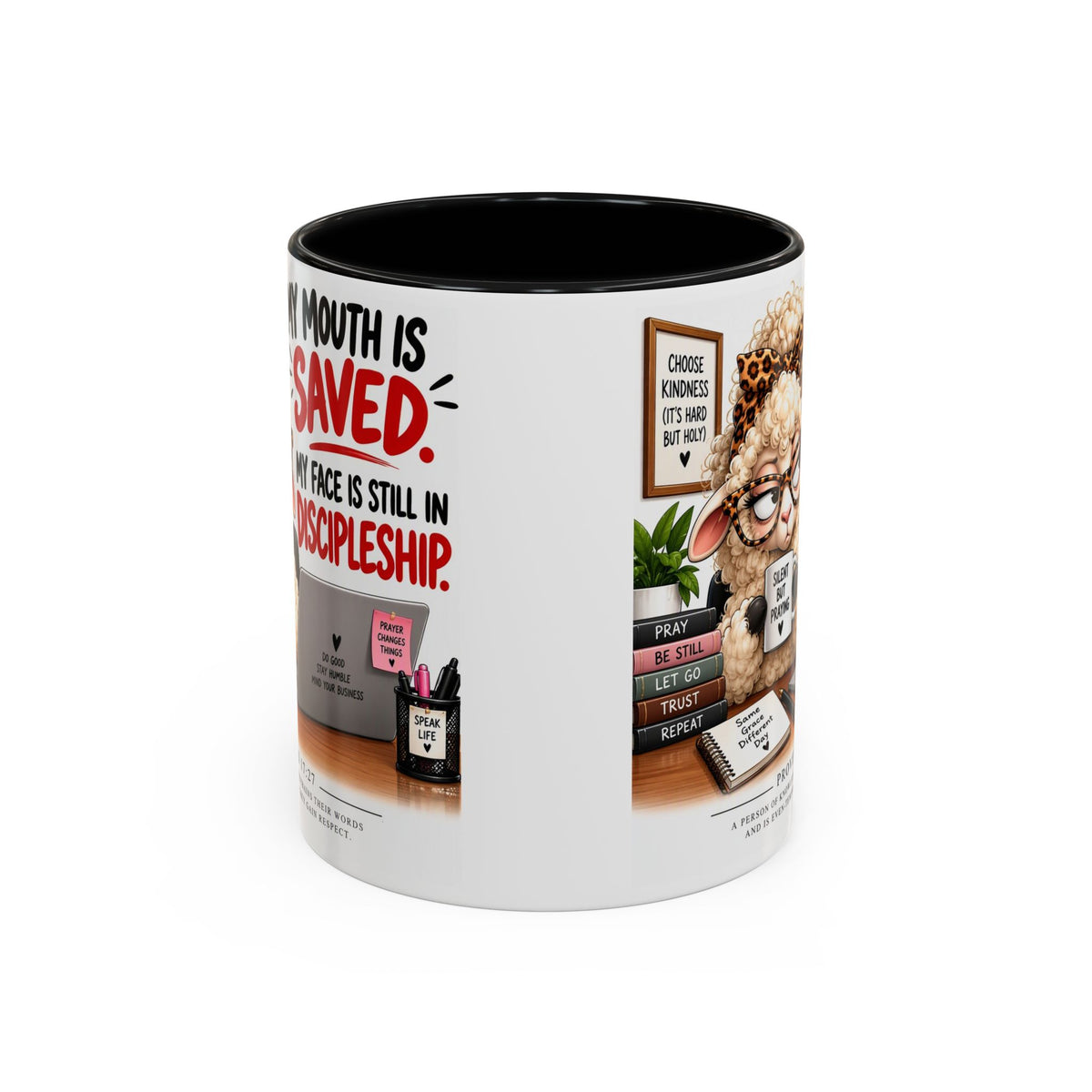 Saved & Sassy Sheep Coffee Mug — "My Mouth Is Saved, My Face Is Still In Discipleship" Accent Mug