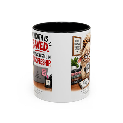 Saved & Sassy Sheep Coffee Mug — "My Mouth Is Saved, My Face Is Still In Discipleship" Accent Mug
