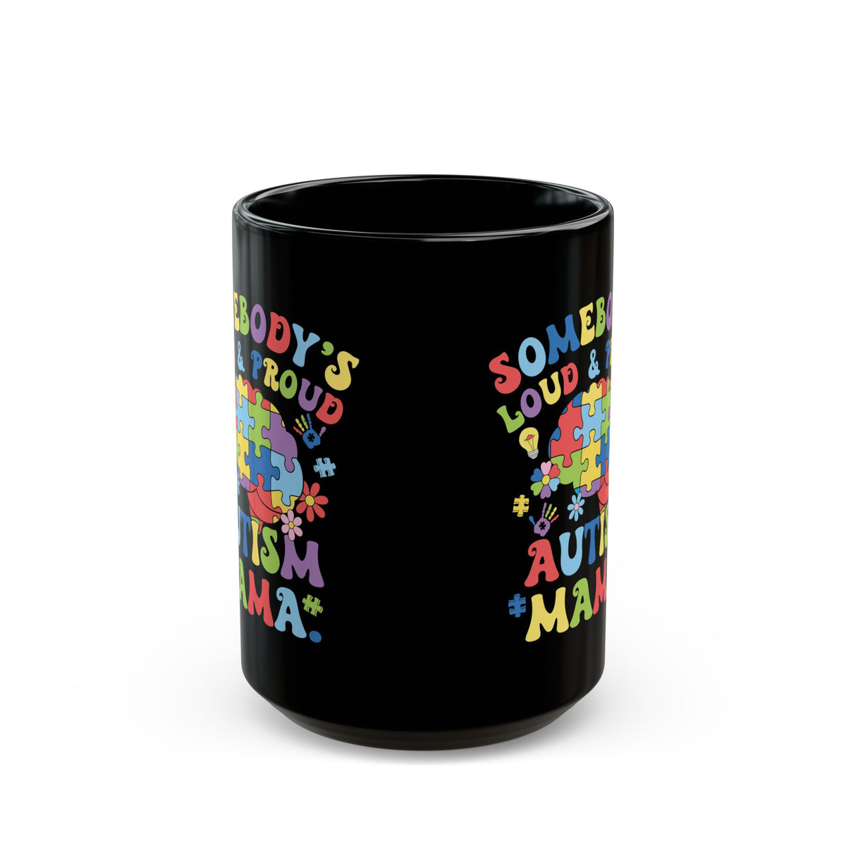Proud Autism Mama black coffee mug with colorful design