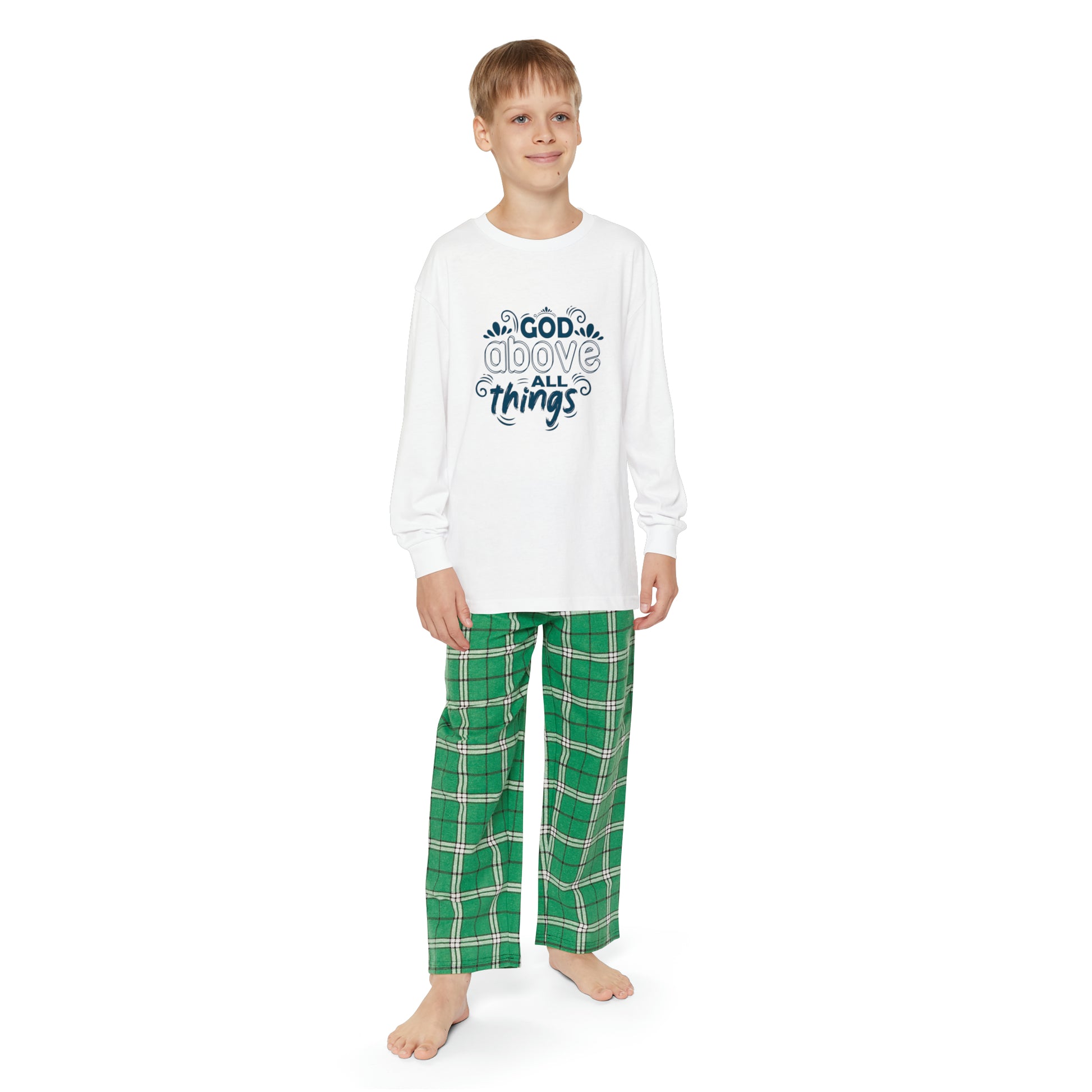 God Above All Things Youth Christian Long Sleeve Pajama Set Printify