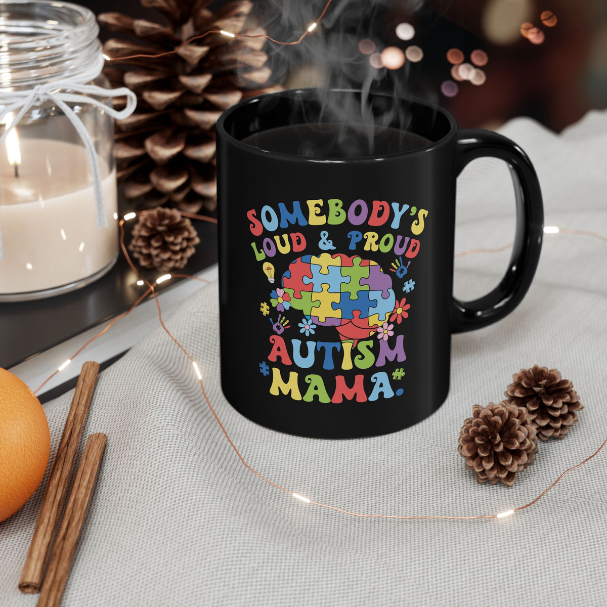 Proud Autism Mama black coffee mug with colorful design