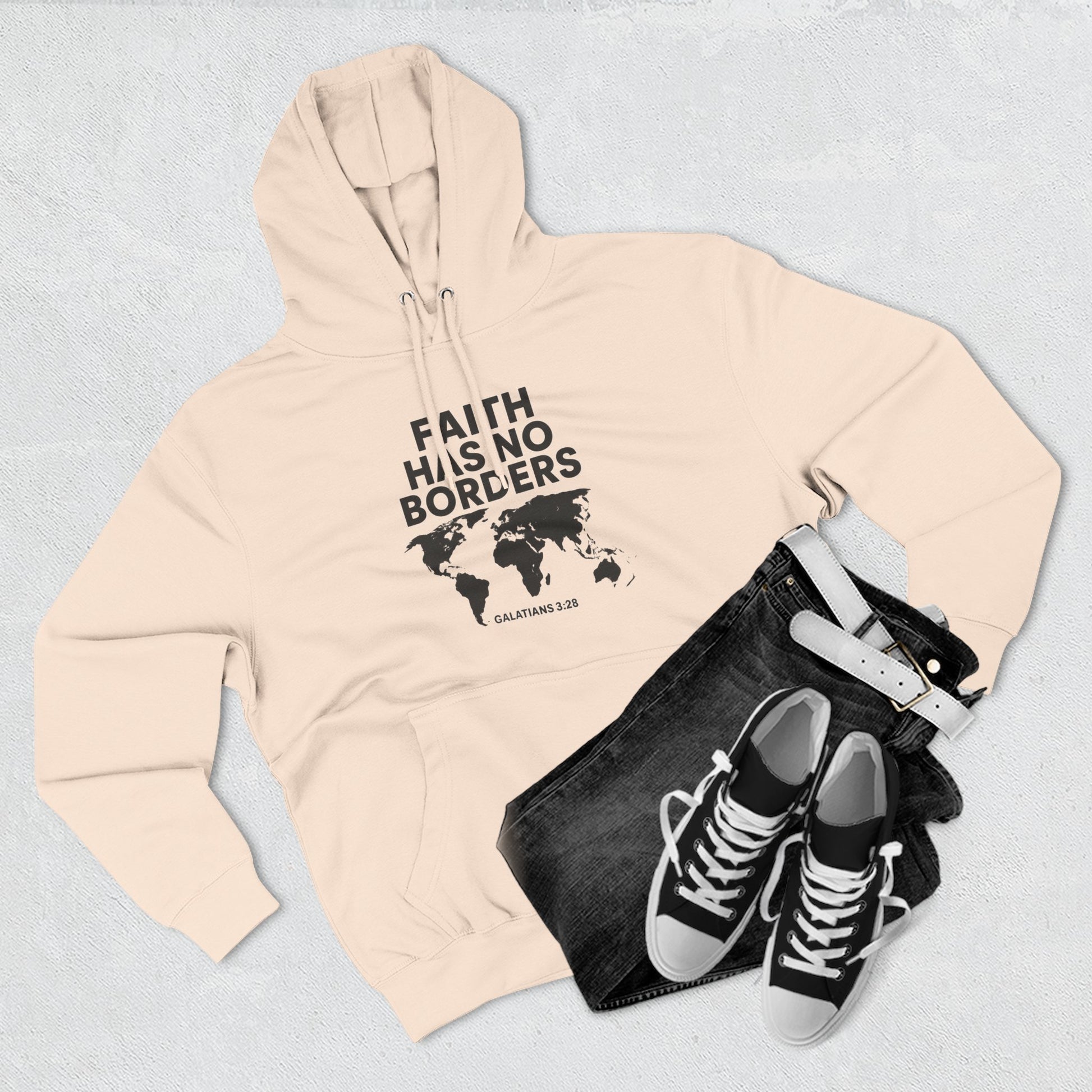 Faith Has No Borders Hoodie, Inspirational Fleece Hoodie for Travel Lovers, Religious Gift, Faith Apparel, Galatians 3:28 - ClaimedbyGodDesigns