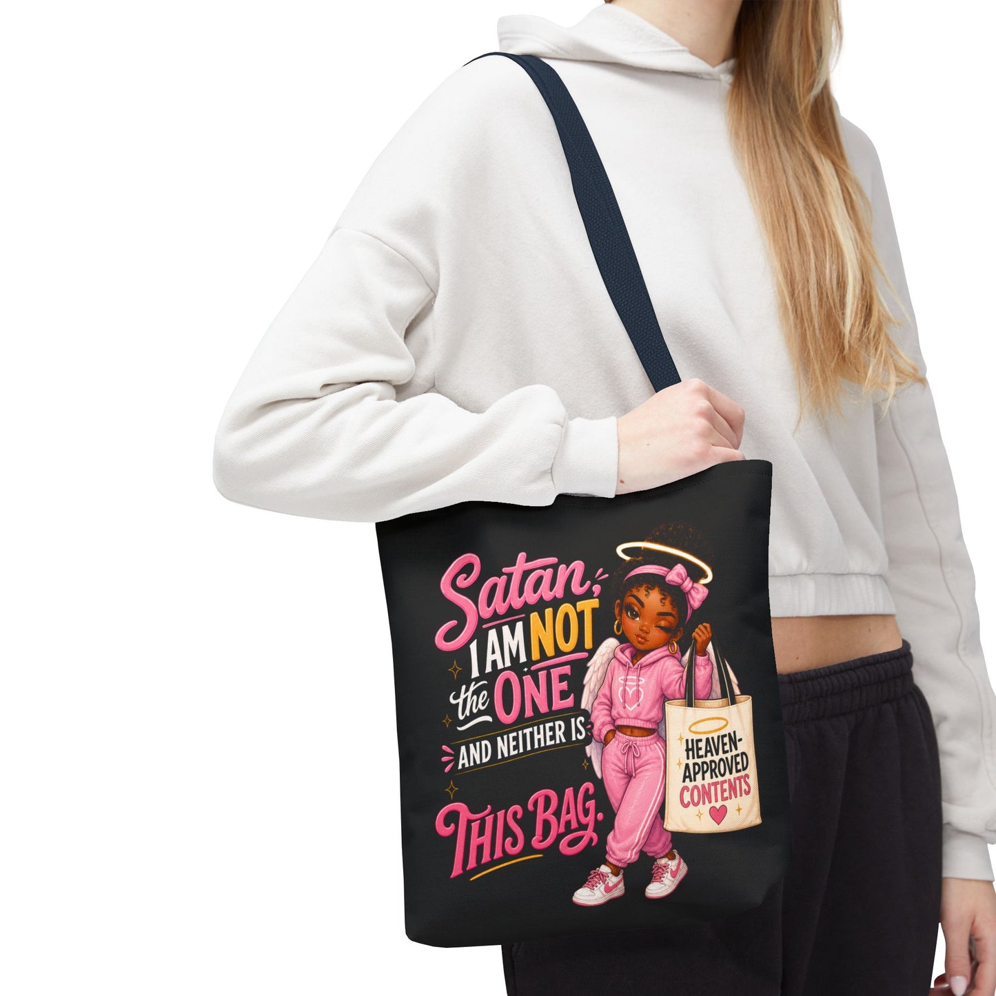 Tote Bag — "Satan I Am Not The One" Retro Angel Girl Tote (Heaven Approved Content) - ClaimedbyGodDesigns