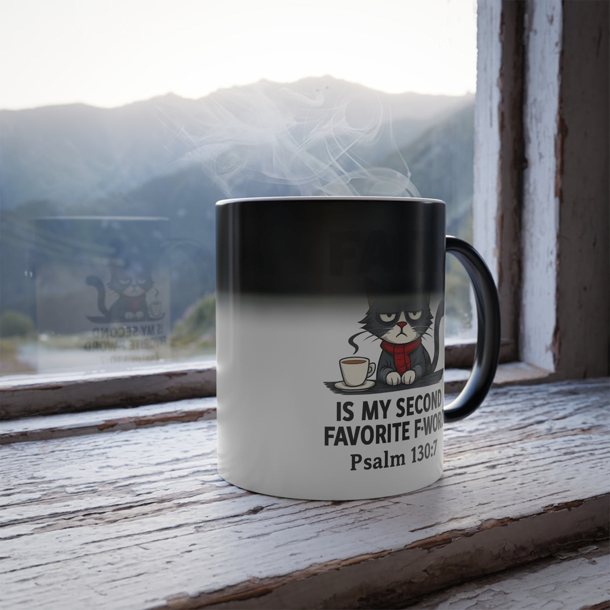 Funny Faith Color Morphing Mug, Unique Gift for Cat Lovers, Fun Coffee Cup, Color Changing Mug, Perfect for Birthdays, Cozy Home Decor - ClaimedbyGodDesigns