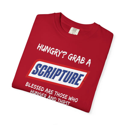 Scripture Snack T-Shirt — "Hungry? Grab a Scripture" Matthew 5:6 Christian Tee