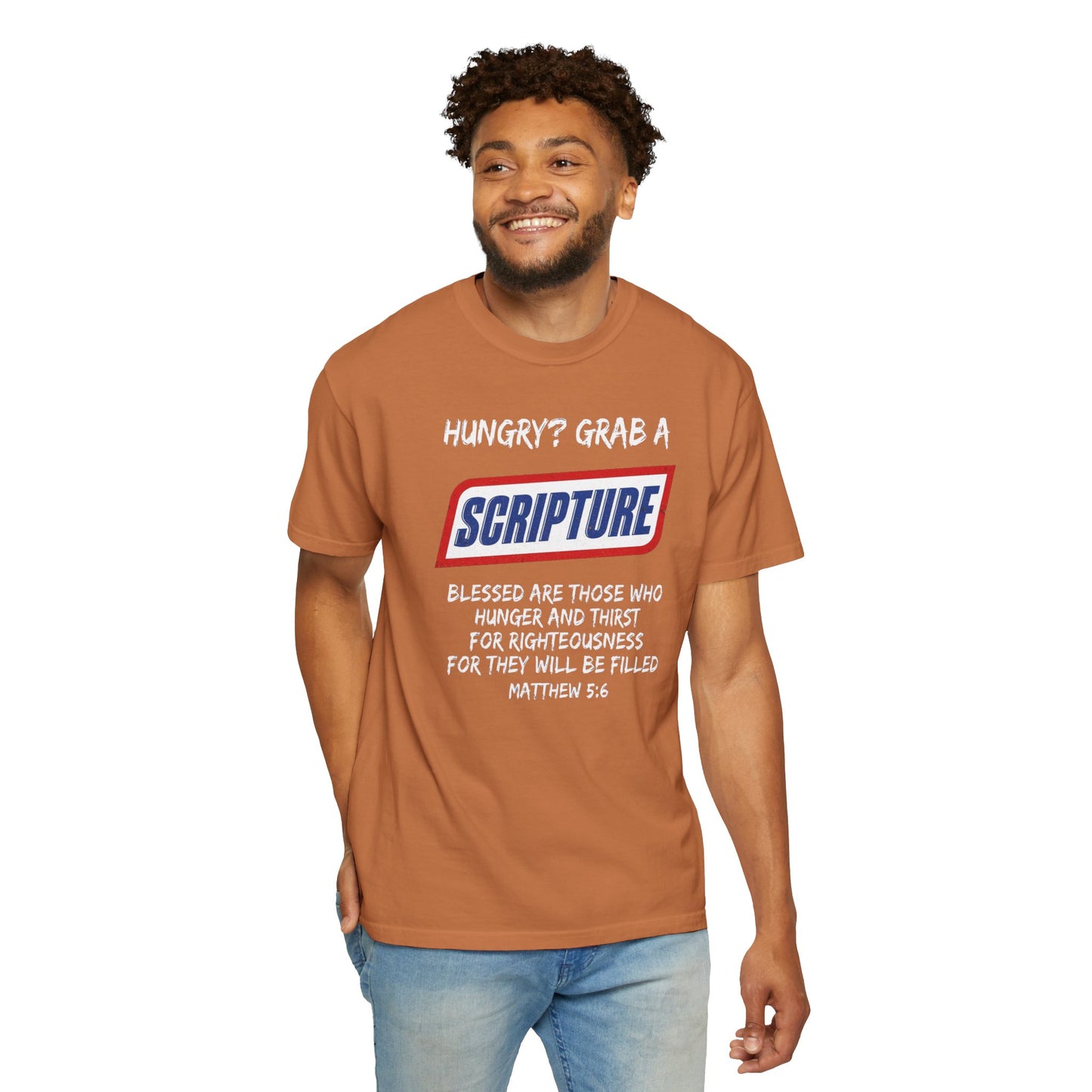 Scripture Snack T-Shirt — "Hungry? Grab a Scripture" Matthew 5:6 Christian Tee