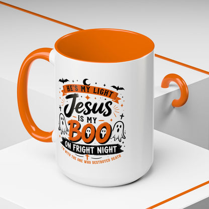 Christian Coffee Mug — "He's My Light, Jesus Is My Boo" Halloween Accent Mug