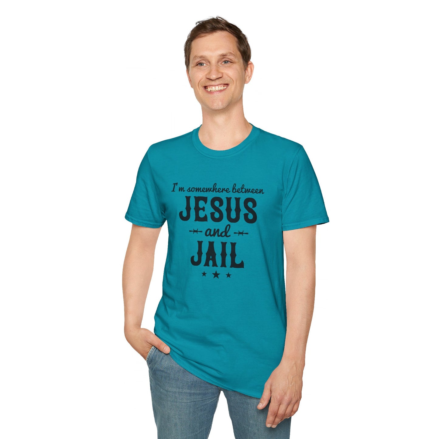 I'm Somewhere Between Jesus And Jail Funny Unisex Christian T-shirt