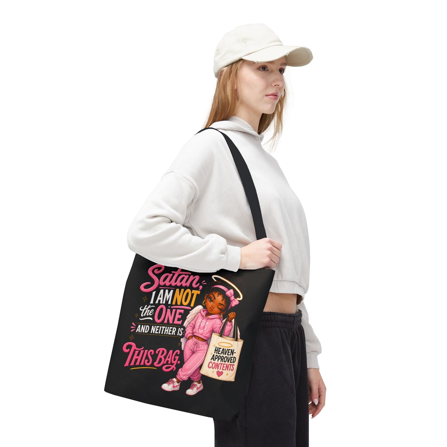 Tote Bag — "Satan I Am Not The One" Retro Angel Girl Tote (Heaven Approved Content) - ClaimedbyGodDesigns