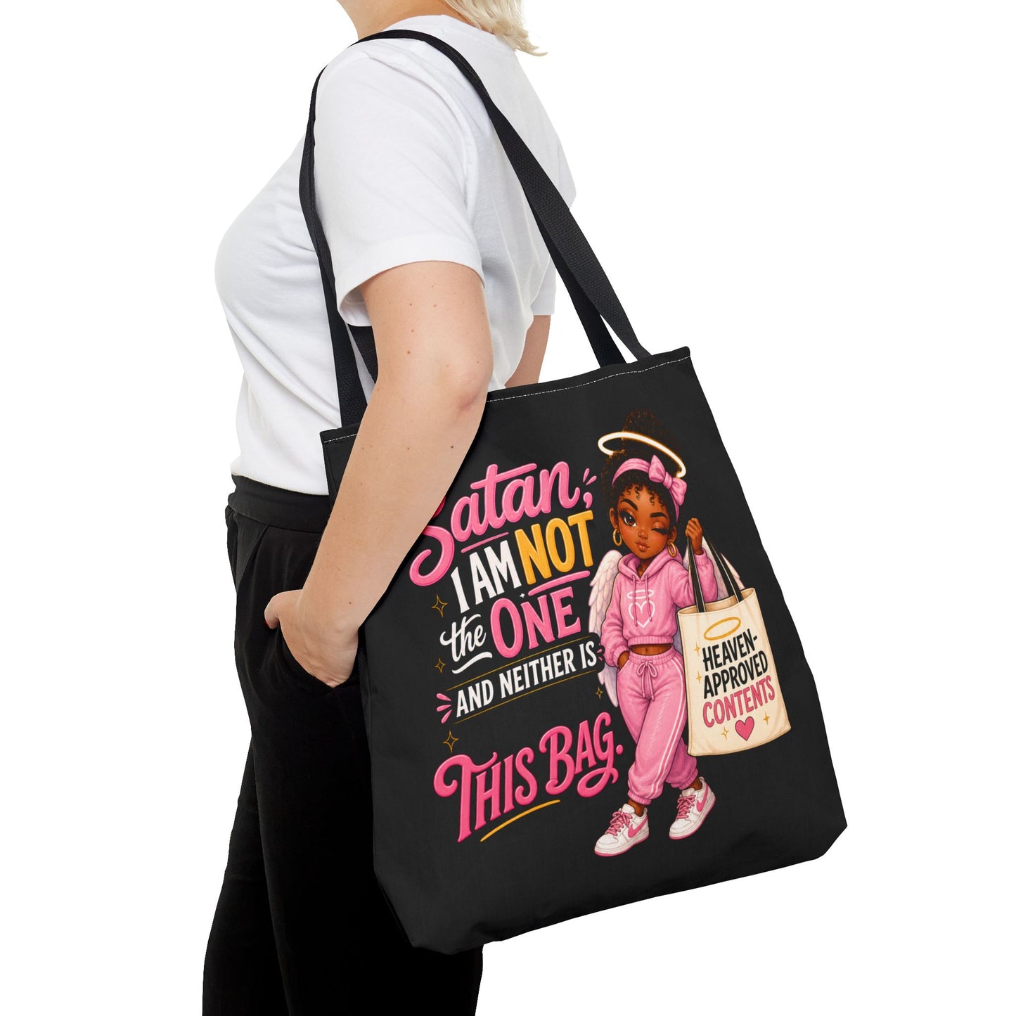 Tote Bag — "Satan I Am Not The One" Retro Angel Girl Tote (Heaven Approved Content) - ClaimedbyGodDesigns