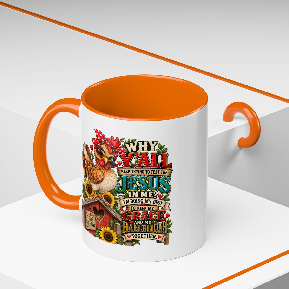 Christian Farmhouse Coffee Mug — "Why Y'all Keep Trying to Put Jesus in Me?" Accent Mug