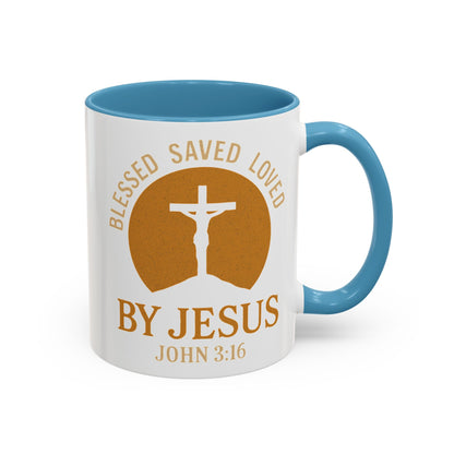 Inspirational Accent Coffee Mug - Blessed, Saved, Loved by Him | John 3:16
