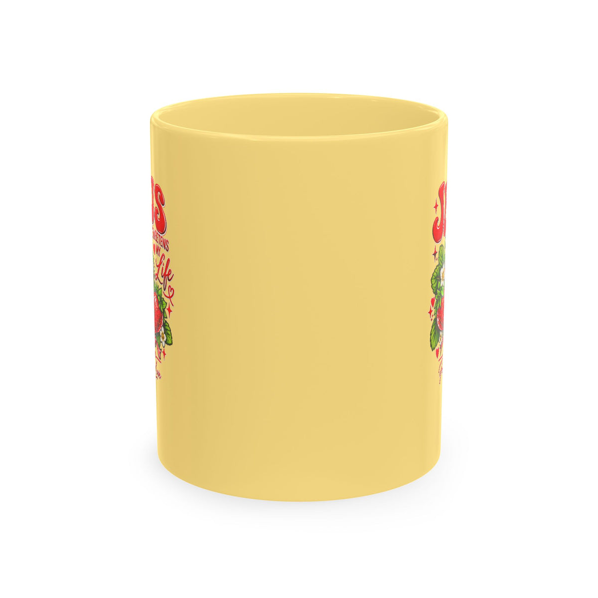 Ceramic Mug — "Jesus Sweetens My Life" Strawberry Faith Coffee Cup