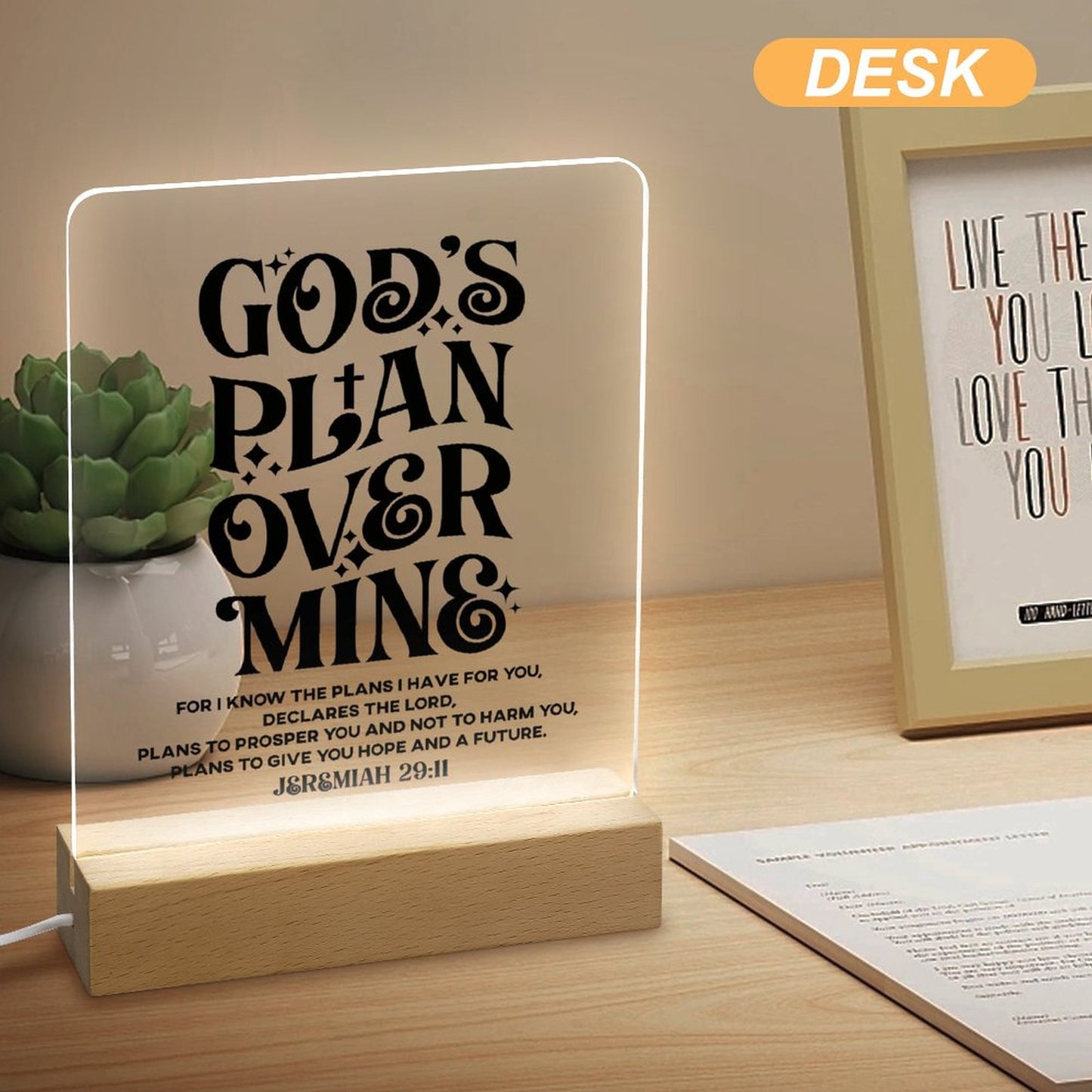 God's Plan Over Mine Christian Acrylic Night Light with Wooden Base Christian Gift Idea