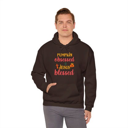 Pumpkin Obsessed And Blessed by Him Halloween Unisex Christian Pullover Hooded Sweatshirt