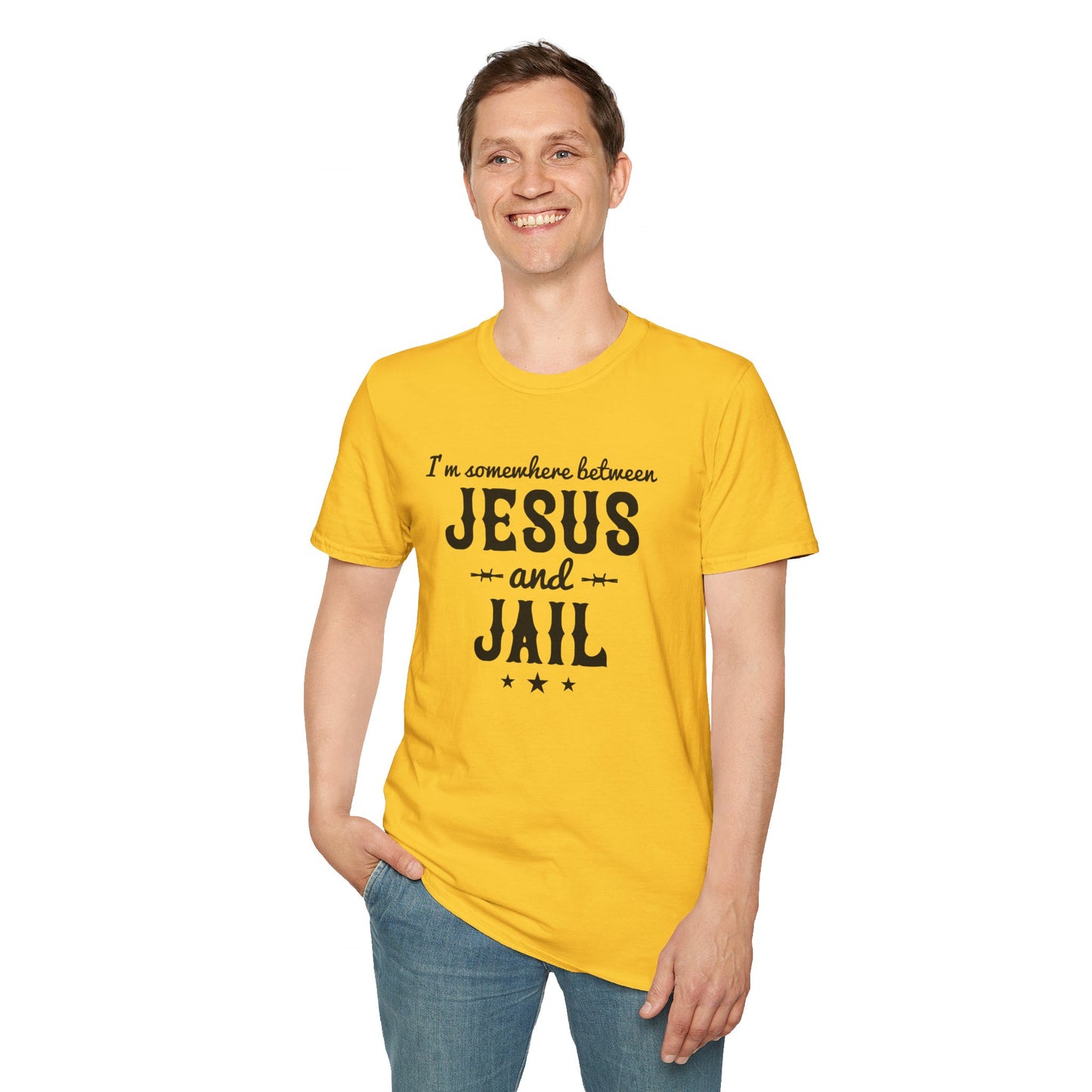 I'm Somewhere Between Jesus And Jail Funny Unisex Christian T-shirt