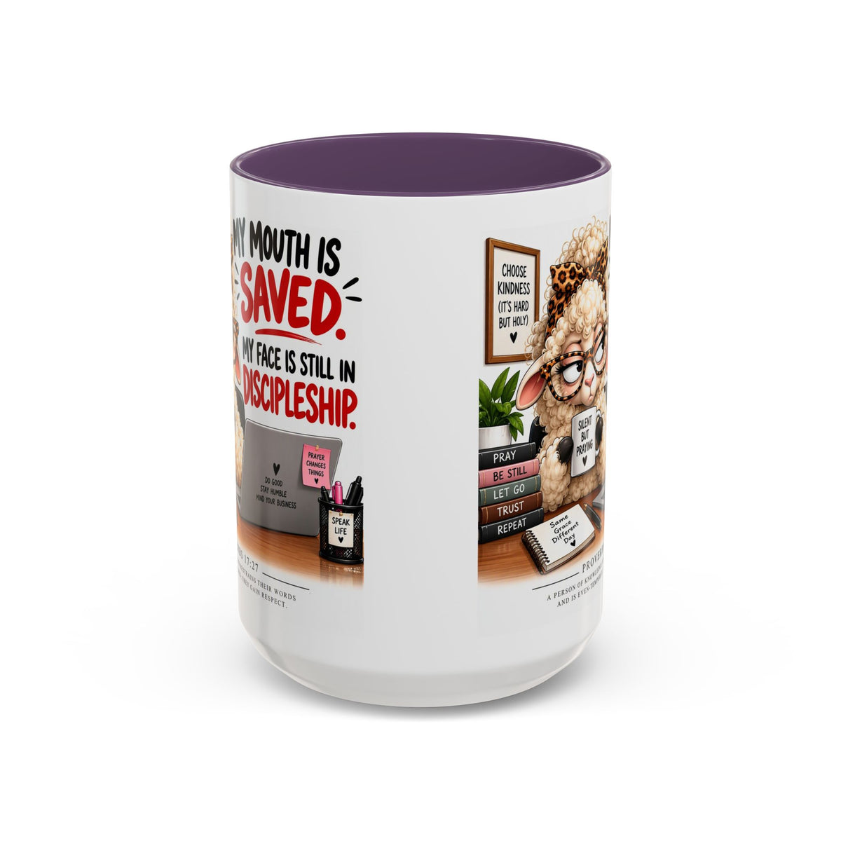 Saved & Sassy Sheep Coffee Mug — "My Mouth Is Saved, My Face Is Still In Discipleship" Accent Mug