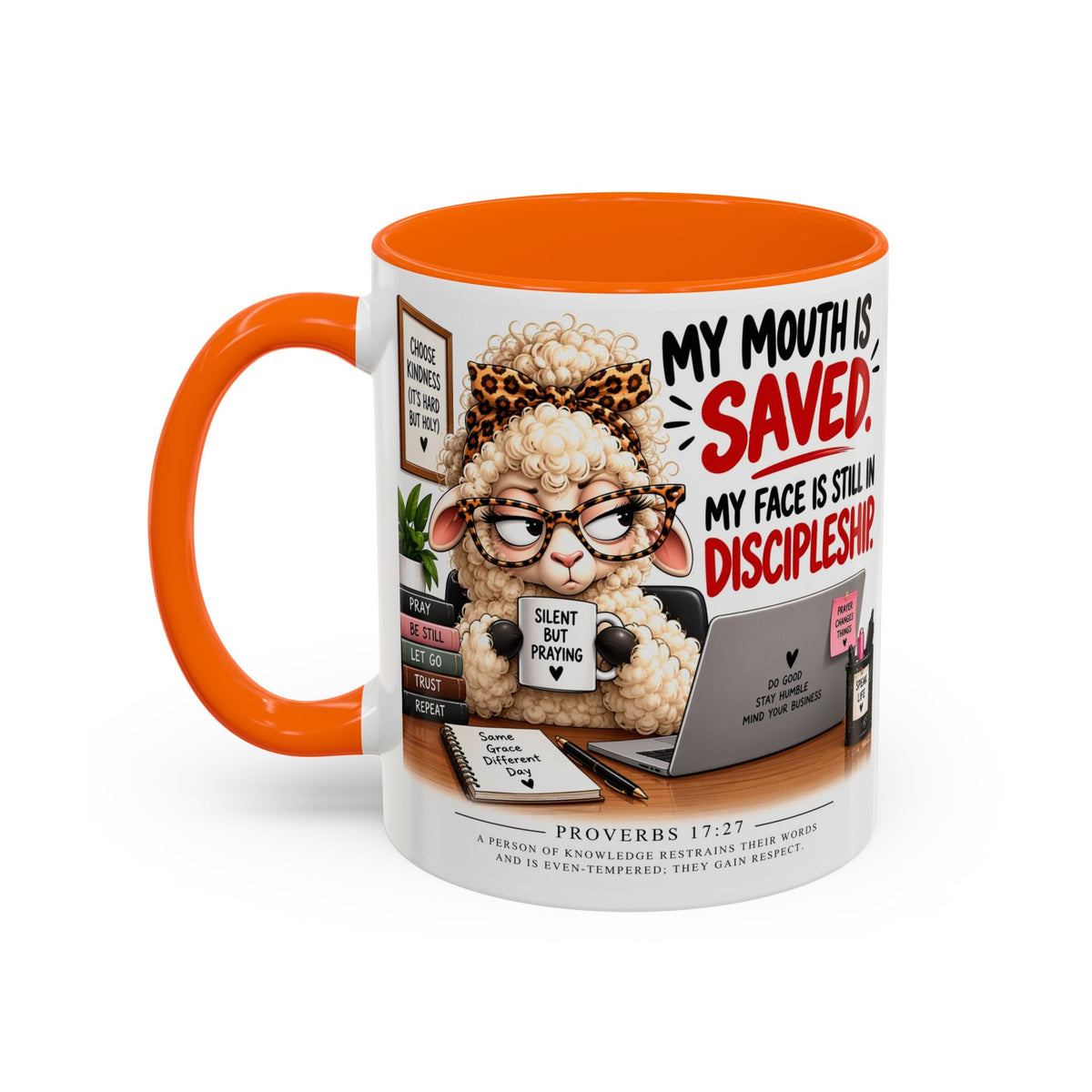 Saved & Sassy Sheep Coffee Mug — "My Mouth Is Saved, My Face Is Still In Discipleship" Accent Mug