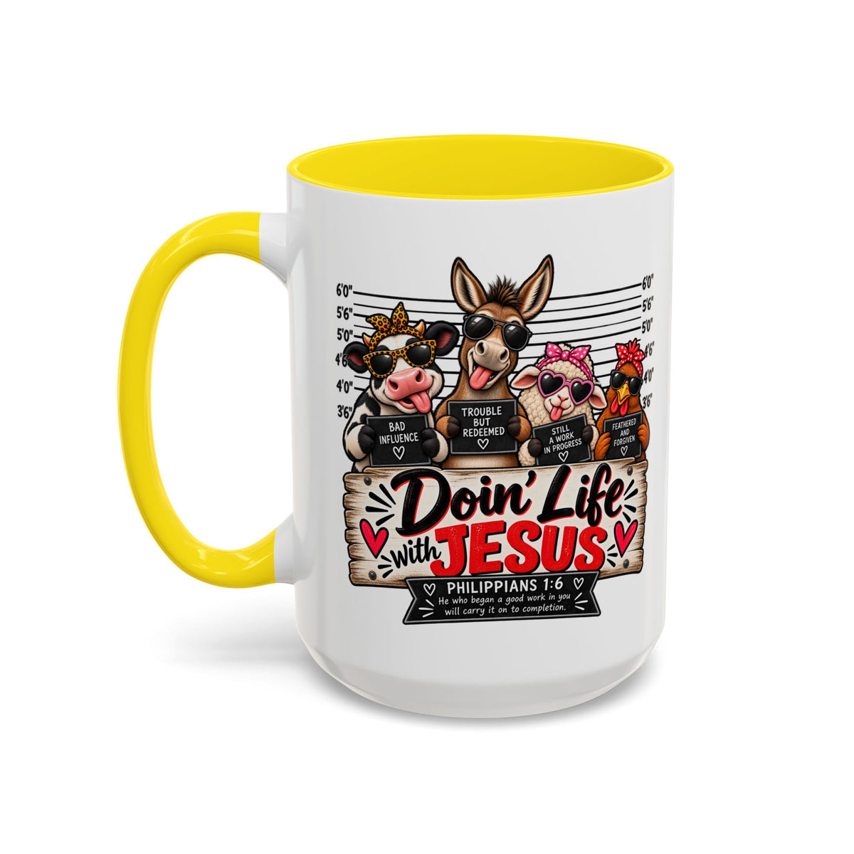 Doin’ Life with Jesus Funny Christian Farm Animal Mugshot Coffee Mug | Philippians 1:6
