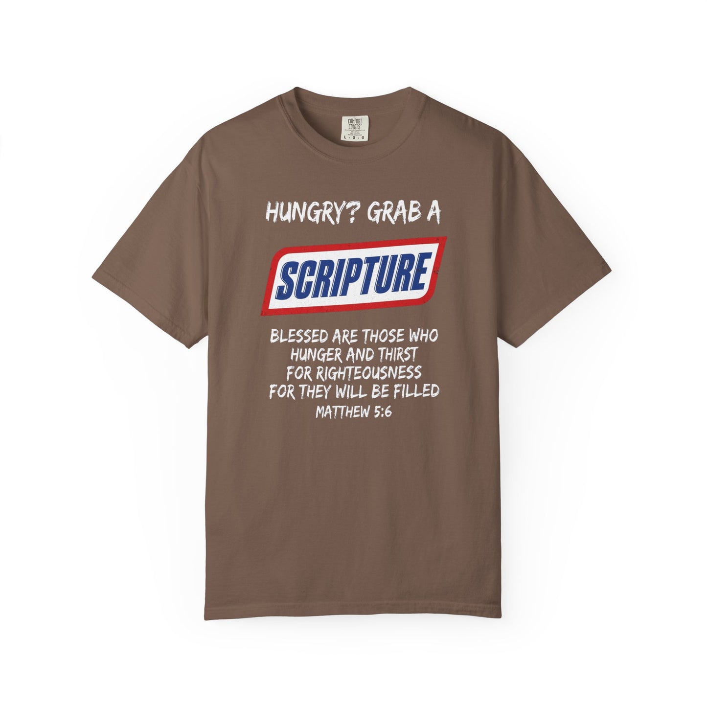 Scripture Snack T-Shirt — "Hungry? Grab a Scripture" Matthew 5:6 Christian Tee