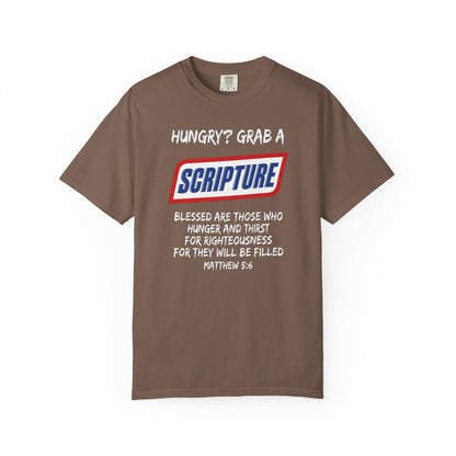 Scripture Snack T-Shirt — "Hungry? Grab a Scripture" Matthew 5:6 Christian Tee