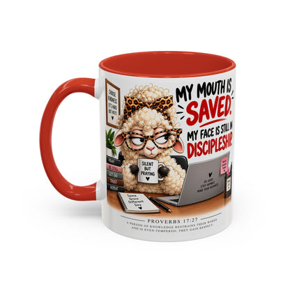 Saved & Sassy Sheep Coffee Mug — "My Mouth Is Saved, My Face Is Still In Discipleship" Accent Mug