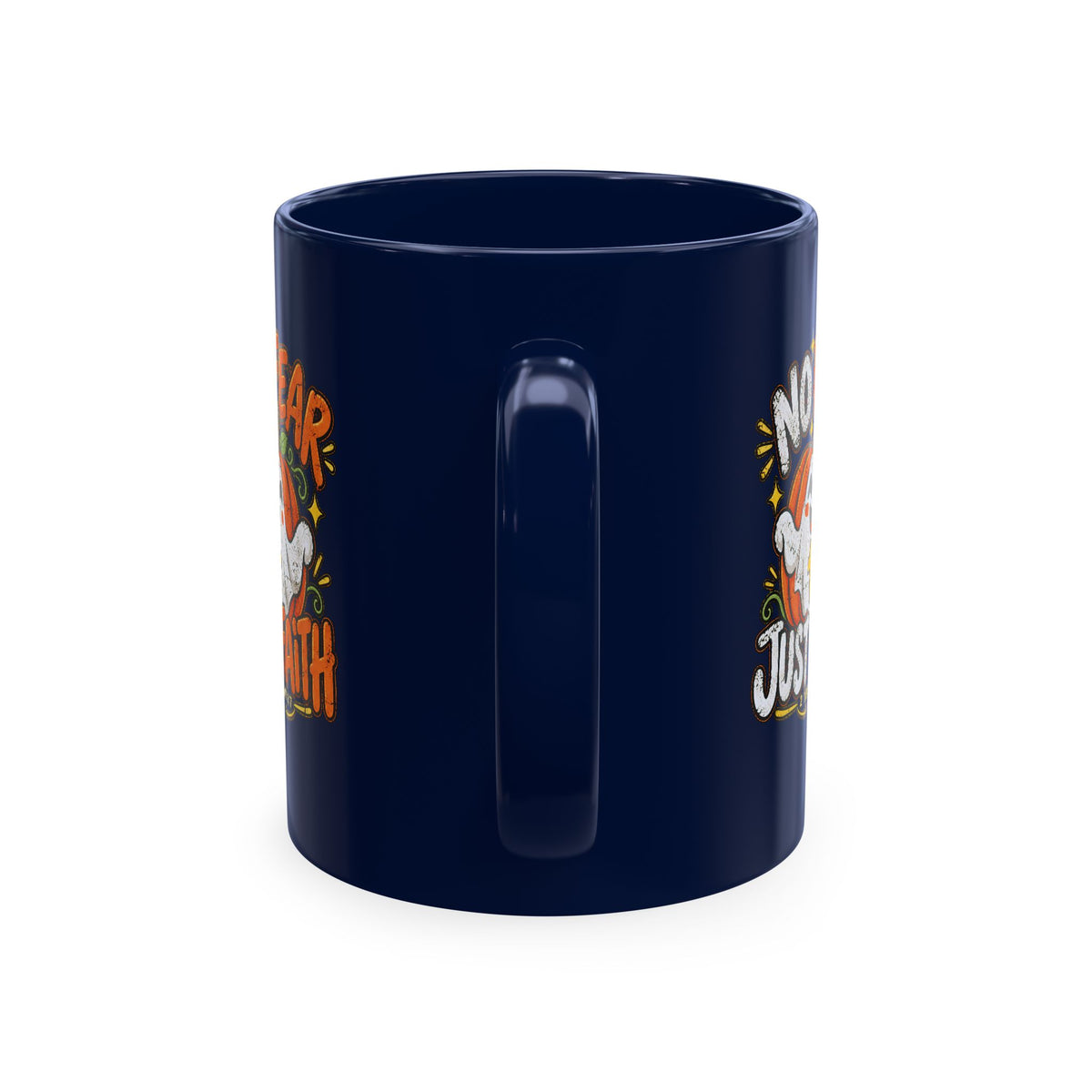 Halloween Ghost Christian Ceramic Mug — "No Fear, Just Faith" Pumpkin Coffee Cup