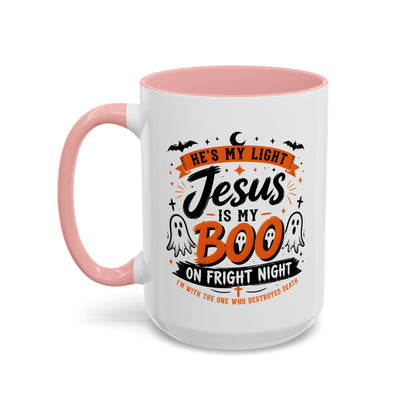 Christian Coffee Mug — "He's My Light, Jesus Is My Boo" Halloween Accent Mug