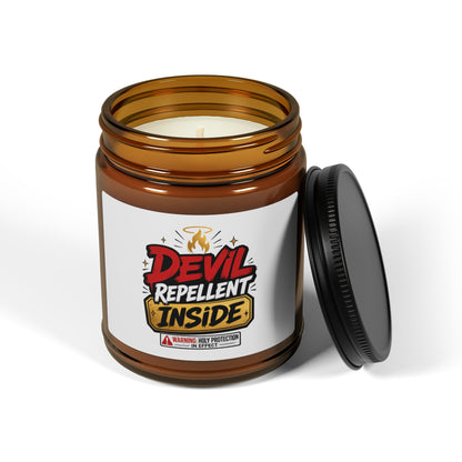 Soy Candle — “Devil Repellent Inside” Amber Jar (Scented, Multi - Size) - ClaimedbyGodDesigns