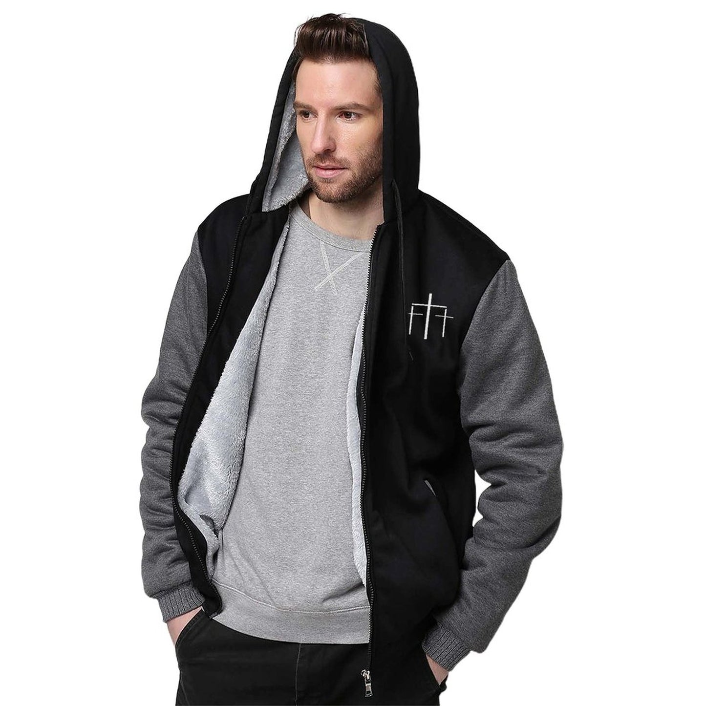 Faith Over Fear 3 Crosses Men’s Christian Plush Full Zip Hooded Sweatshirt