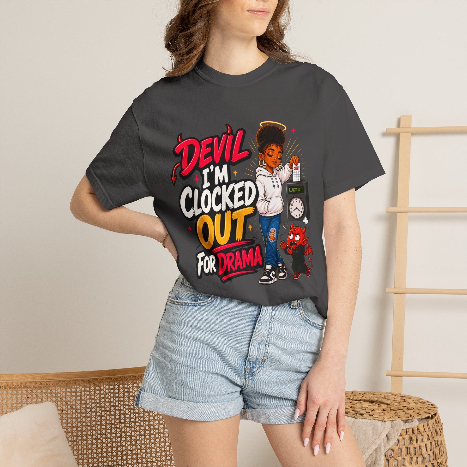 T-Shirt — "Devil I'm Clocked Out for Drama" Graphic Tee - ClaimedbyGodDesigns