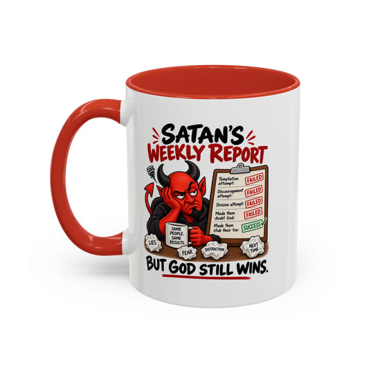 Satan's Weekly Report Coffee Mug — 'But God Still Wins' Accent Mug