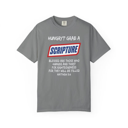 Scripture Snack T-Shirt — "Hungry? Grab a Scripture" Matthew 5:6 Christian Tee