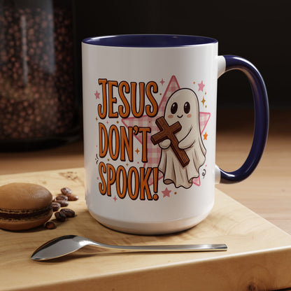Accent Coffee Mug — "Jesus Don't Spook!" Cute Ghost Christian Coffee Mug (11/15oz)