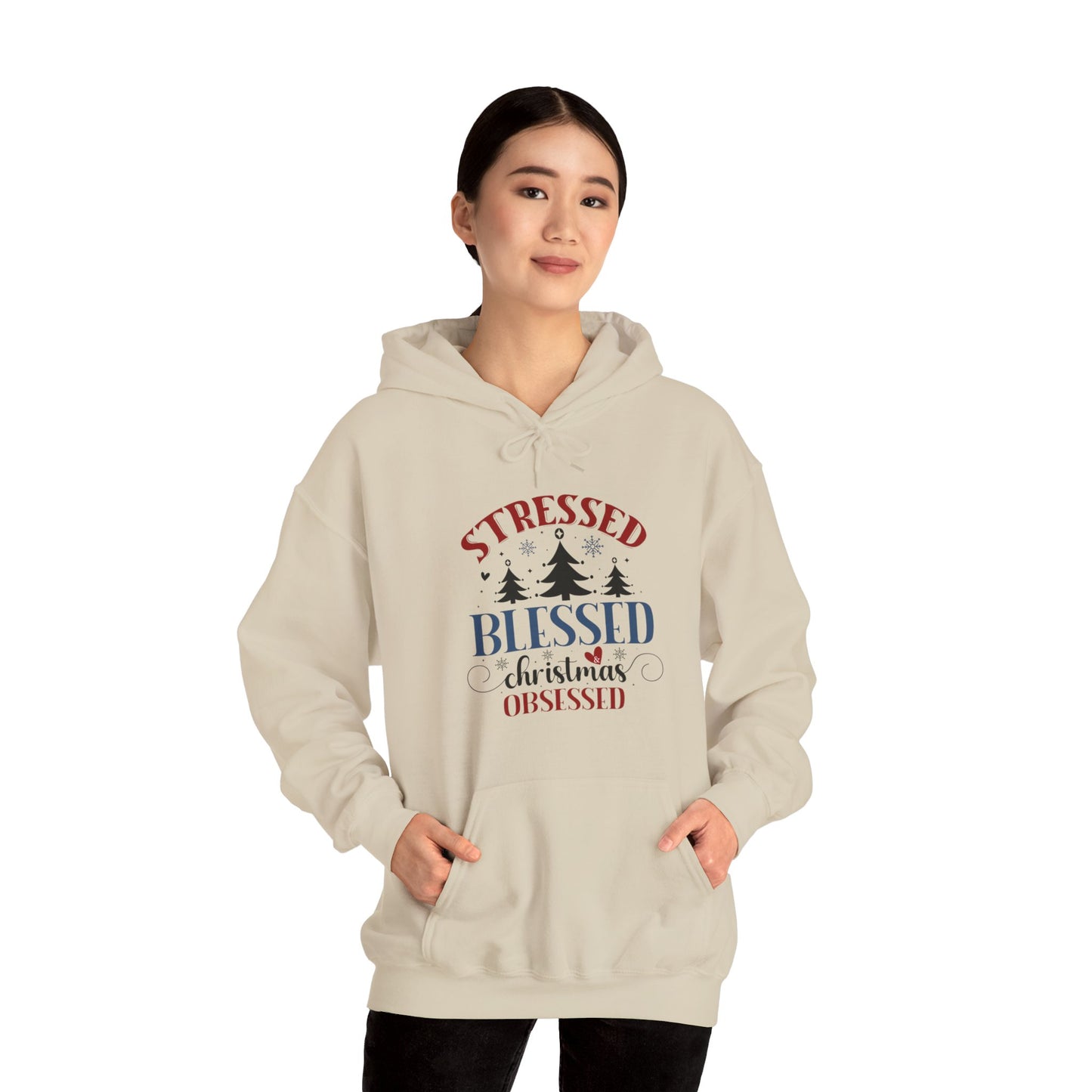 Stressed Blessed Christmas Obsessed Unisex Christian Hooded Pullover Sweatshirt