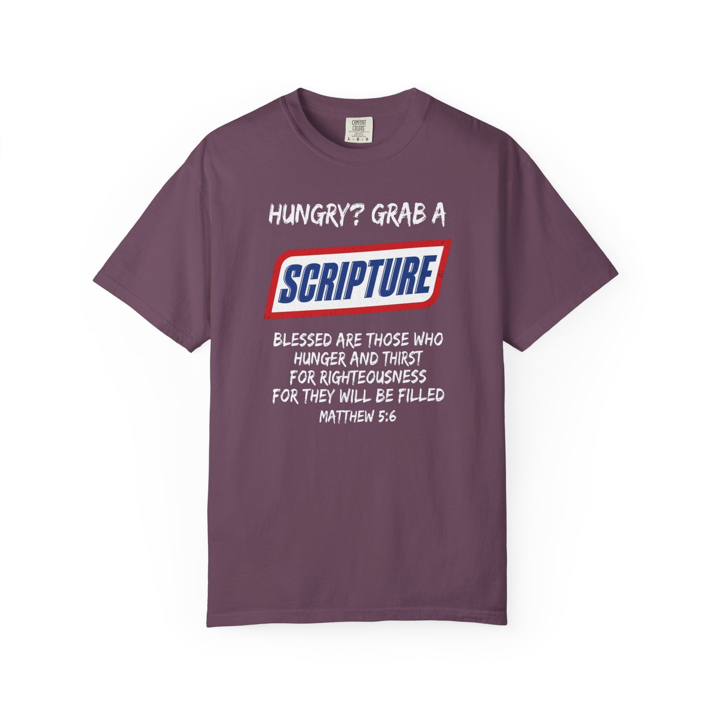 Scripture Snack T-Shirt — "Hungry? Grab a Scripture" Matthew 5:6 Christian Tee
