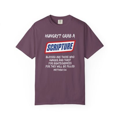 Scripture Snack T-Shirt — "Hungry? Grab a Scripture" Matthew 5:6 Christian Tee