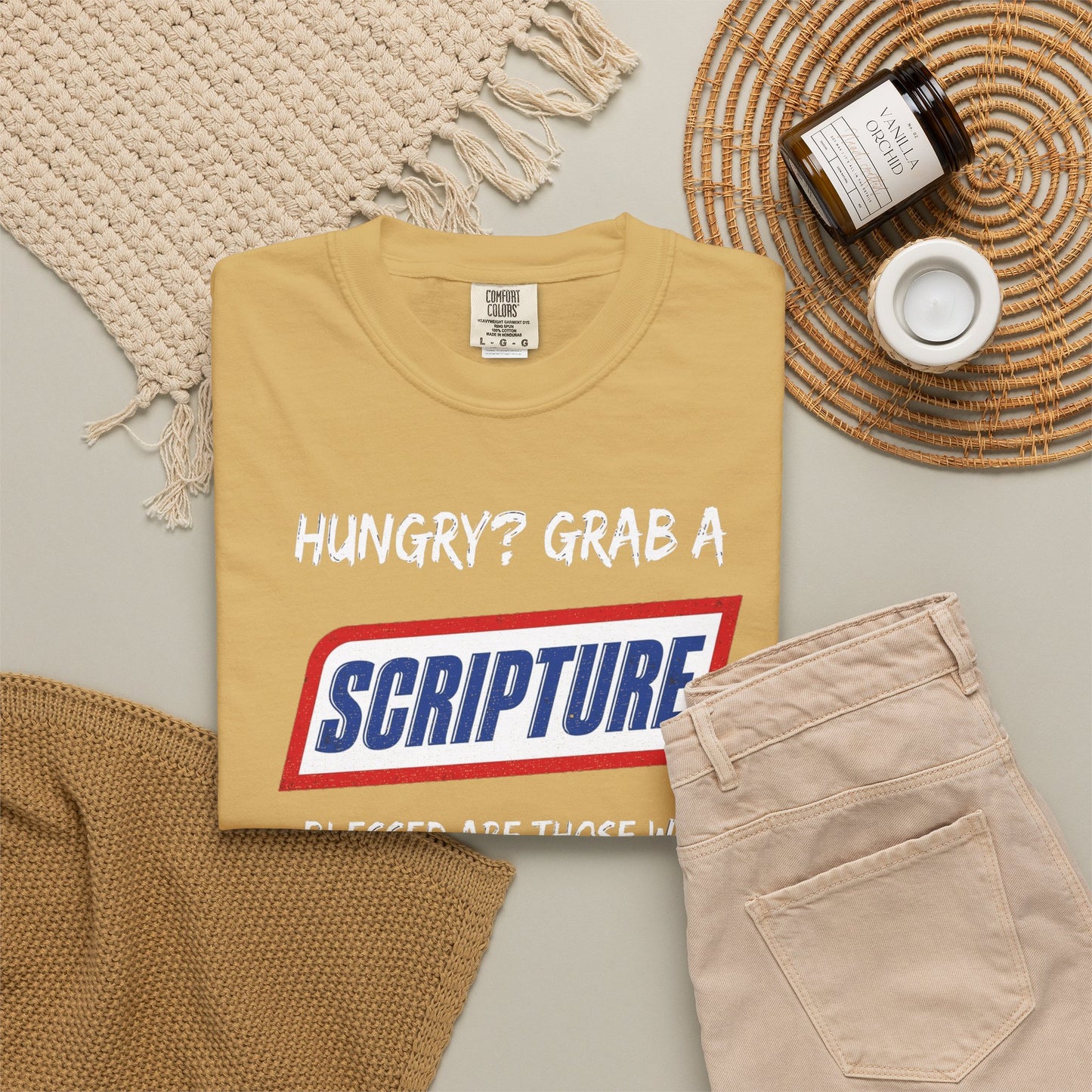 Scripture Snack T-Shirt — "Hungry? Grab a Scripture" Matthew 5:6 Christian Tee