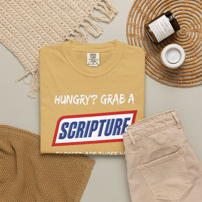 Scripture Snack T-Shirt — "Hungry? Grab a Scripture" Matthew 5:6 Christian Tee