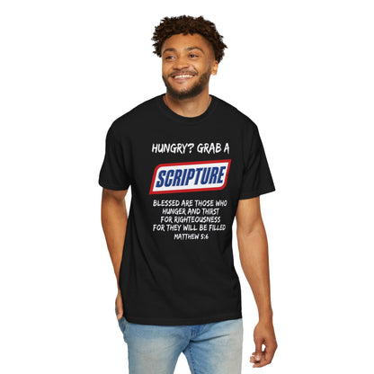 Scripture Snack T-Shirt — "Hungry? Grab a Scripture" Matthew 5:6 Christian Tee